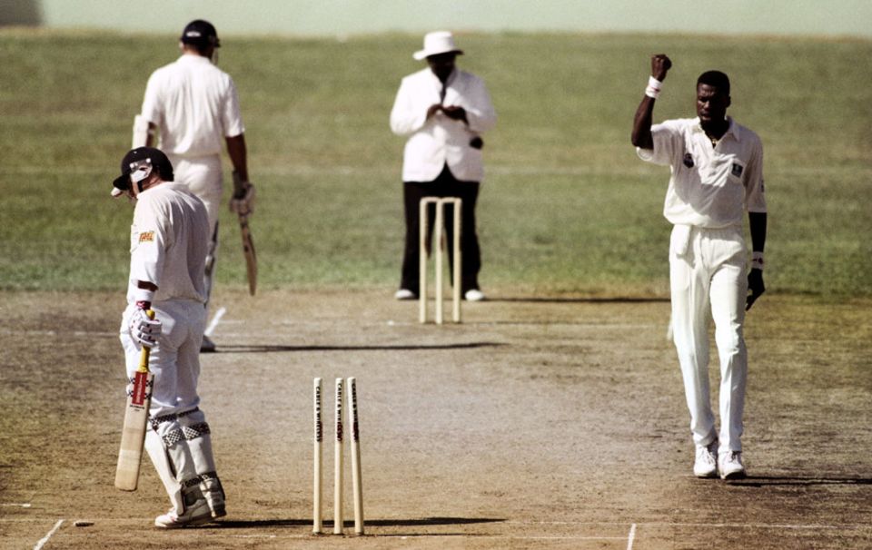 Curtly Ambrose bowls Robin Smith for 18 in an ODI in St Vincent, 1994-95