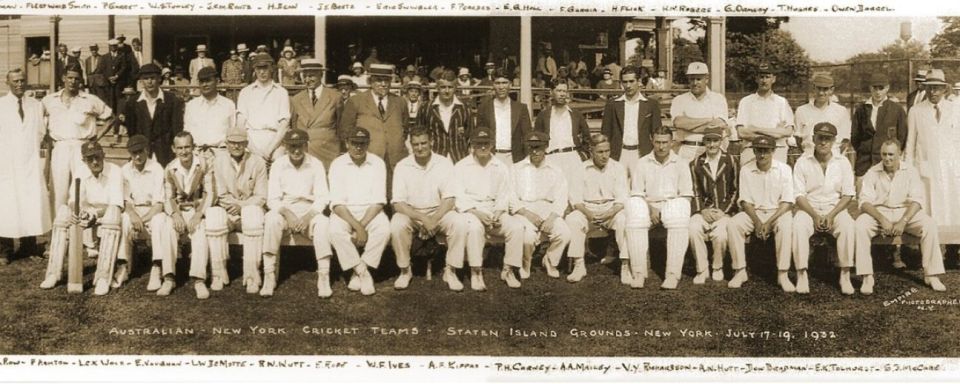 In July 1932, the SICC hosted a visiting Australian club team that included Don Bradman (seated, third from right). Bradman made 35 in the friendly match