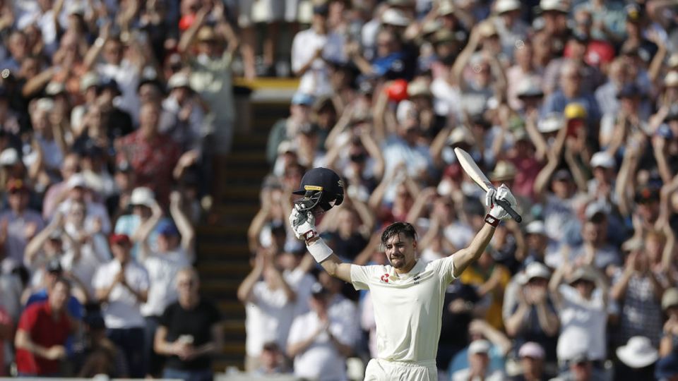 Rory Burns celebrates his maiden Test hundred