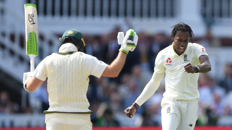 Jofra Archer celebrates after removing Tim Paine