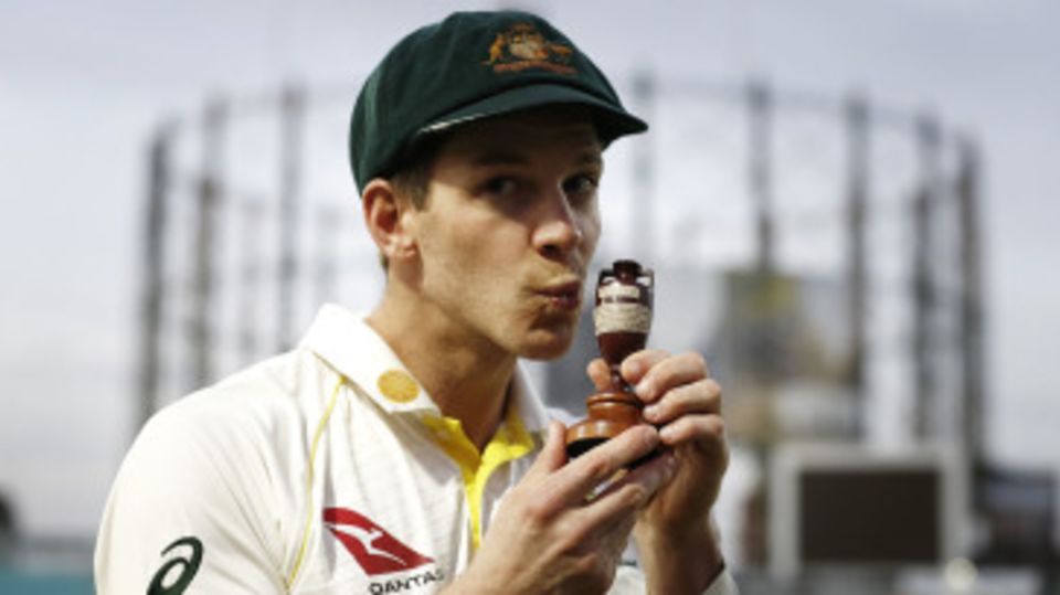 Tim Paine plants a kiss on the Ashes urn after defeat in the final Test at The Oval
