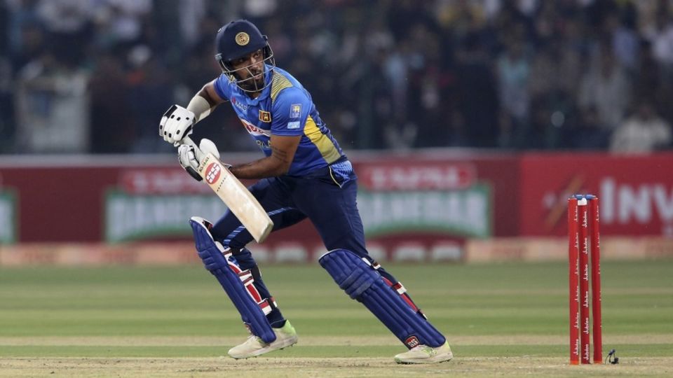 Danushka Gunathilaka slides the ball off the open face of the bat