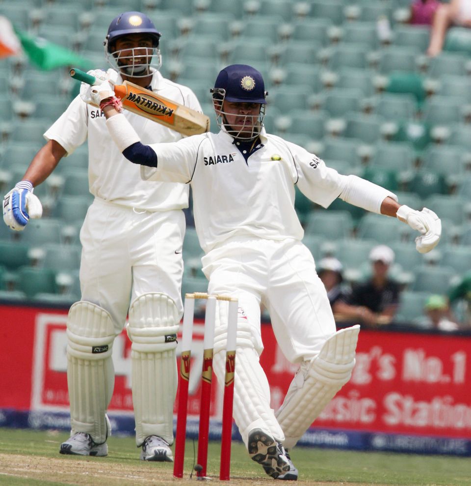 Clowns R Us: Sreesanth gets on his invisible pony after hitting a six off Andre Nel in Johannesburg in 2006