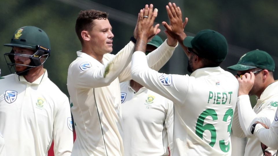 George Linde celebrates his maiden Test wicket