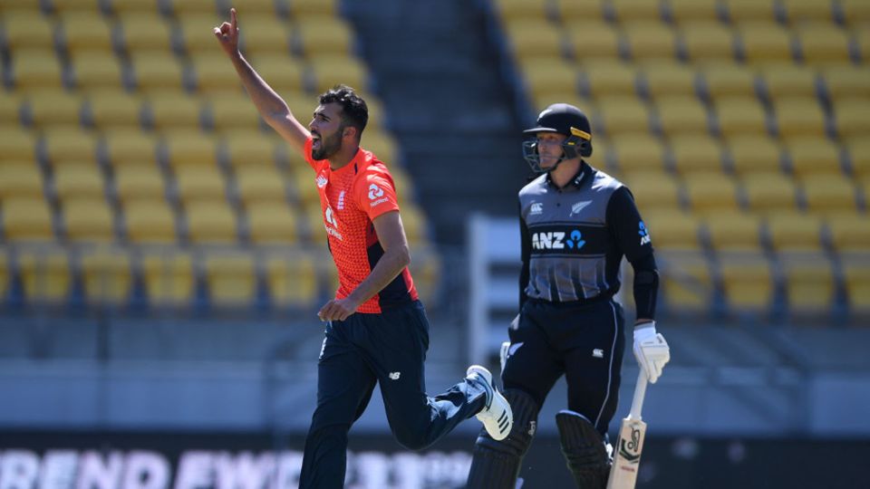 Saqib Mahmood celebrates his first international wicket