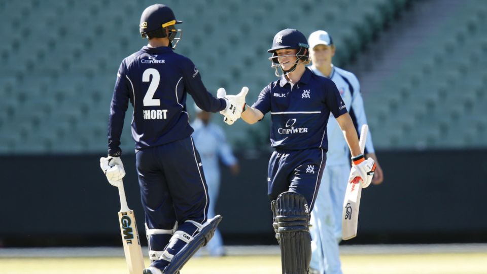 Matthew Short congratulates Jake Fraser-McGurk on his debut half-century