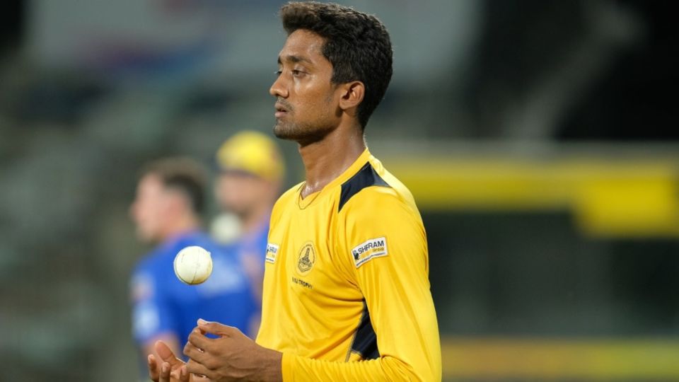R Sai Kishore prepares to bowl at the Chennai Super Kings nets