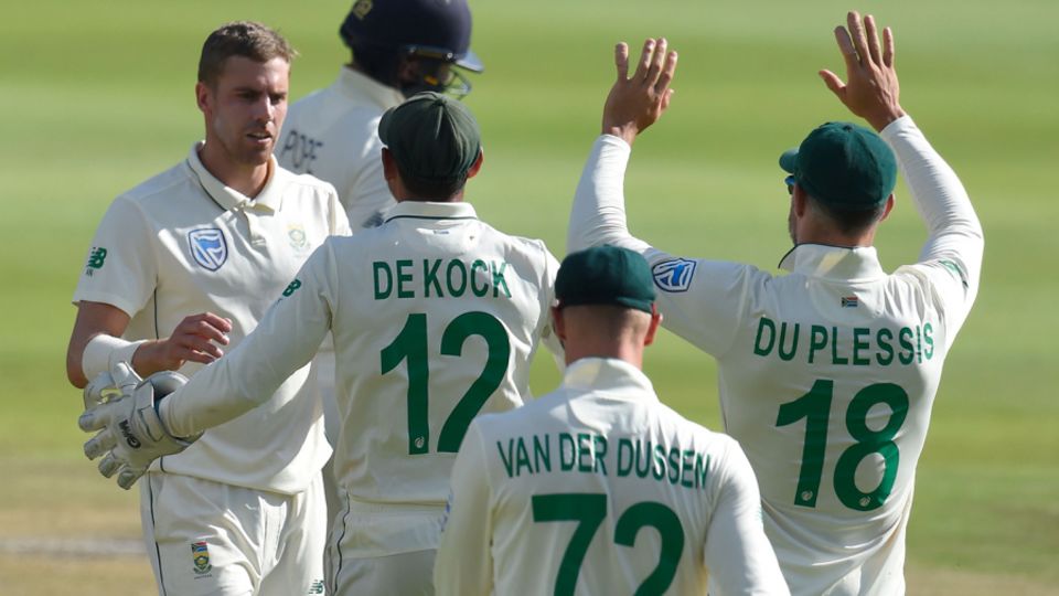 Anrich Nortje celebrates the wicket of Ollie Pope