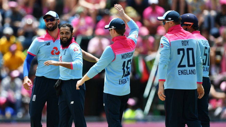 Adil Rashid celebrates the wicket of Temba Bavuma