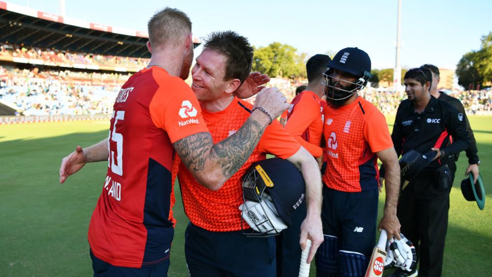 Eoin Morgan embraces Ben Stokes after sealing victory in the match and a 2-1 series triumph