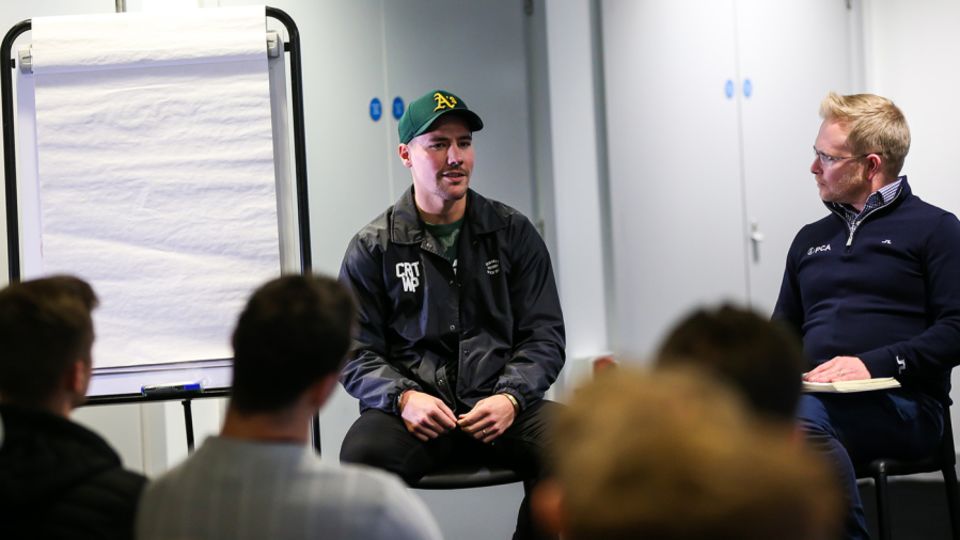 Rory Burns speaks at the PCA's rookie camp