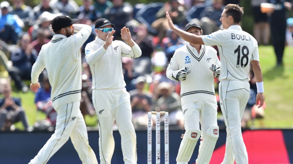 New Zealand get together after Trent Boult struck the first blow in Christchurch