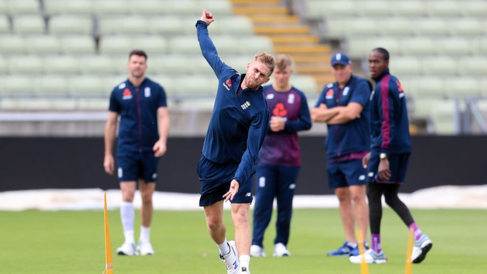 Olly Stone bowls in England's training session before the first Ashes Test at Edgbaston