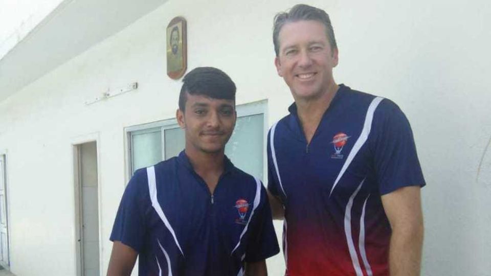 Chetan Sakariya is all smiles with Glenn McGrath at the MRF Pace Academy