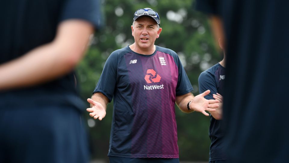 England coach Chris Silverwood addresses his players in training
