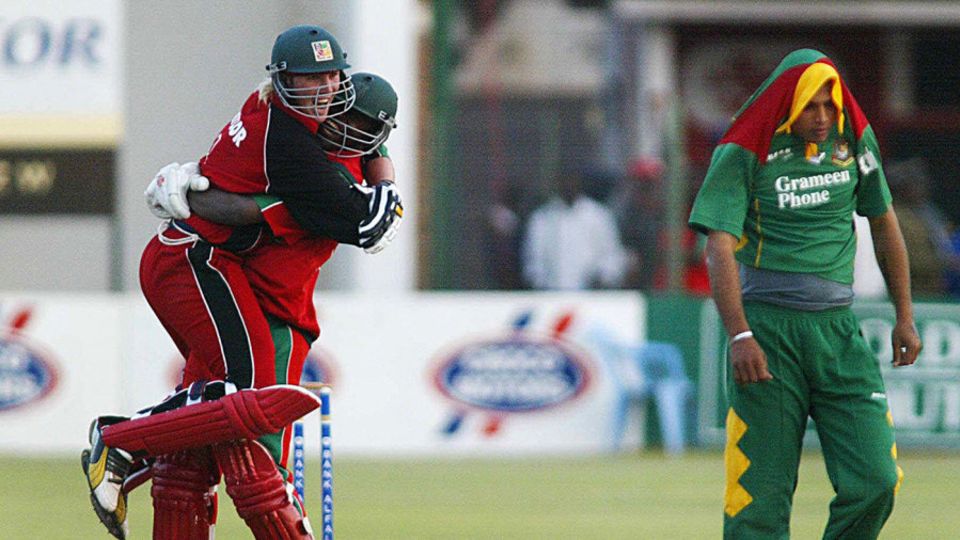 Remember the time: Brendan Taylor and Blessing Mahwire celebrate after Taylor hit a last-ball six off Mashrafe Mortaza to win, in Harare in 2006