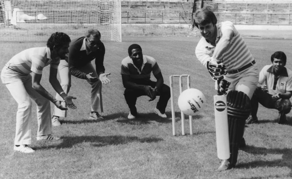Geoff Hurst faces up to a football as Deryck Murray, Clyde Walcott, Viv Richards and Alvin Kallicharran watch, during West Indies' 1980 tour of England