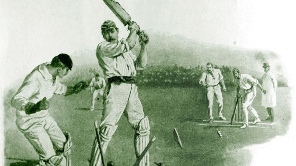 Which famous novelist is depicted playing cricket in this painting?
