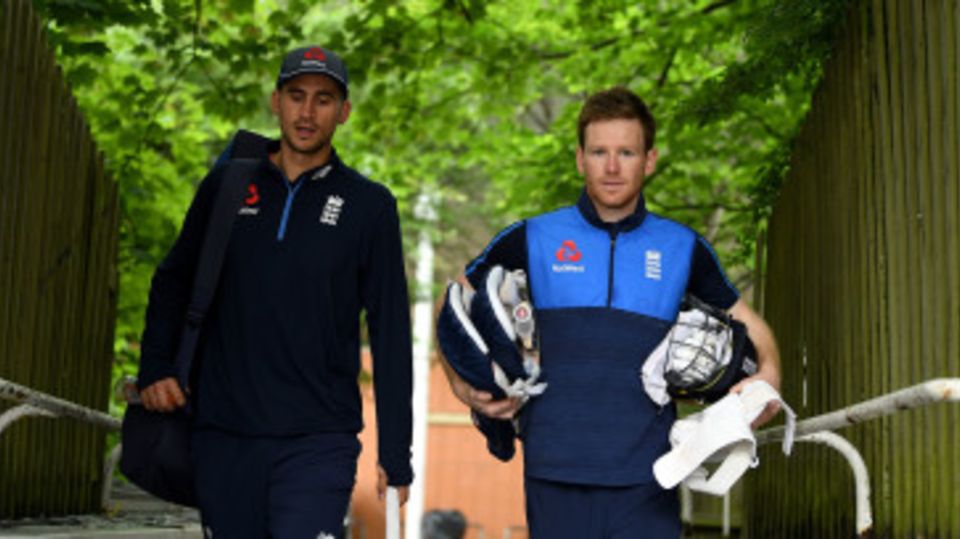Alex Hales and Eoin Morgan on their way to training