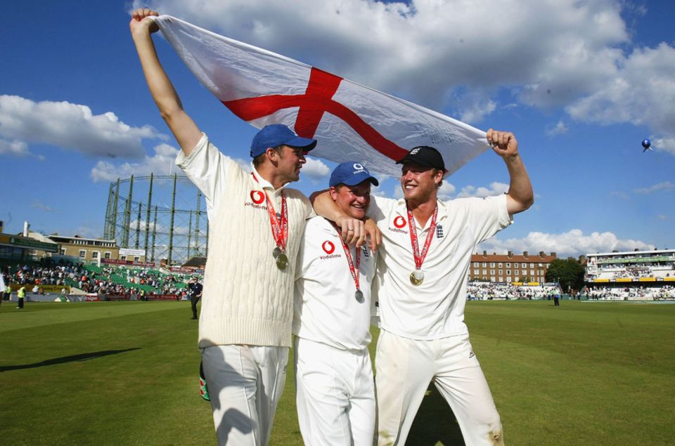 Three lions: Steve Harmison, Rob Key and Andrew Flintoff celebrate England's 2004 series win against West Indies