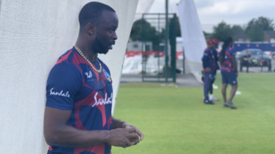 Kemar Roach prepares to bowl in the nets