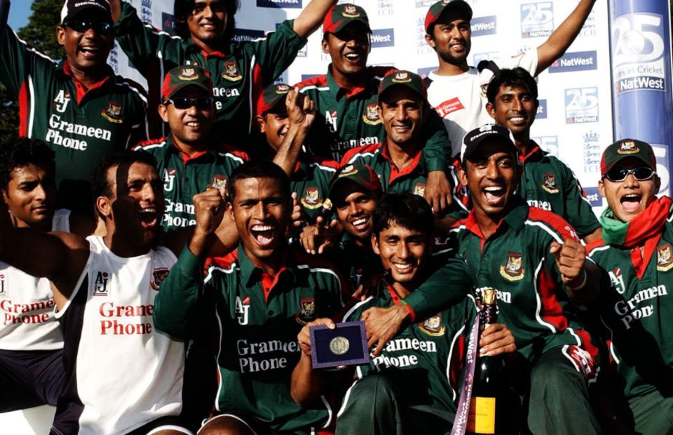 Bangladesh celebrate their historic win over Australia in Cardiff, 2005