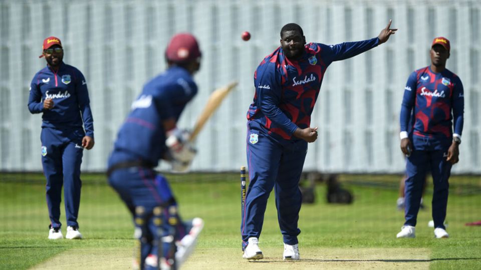 Rahkeem Cornwall bowls in training