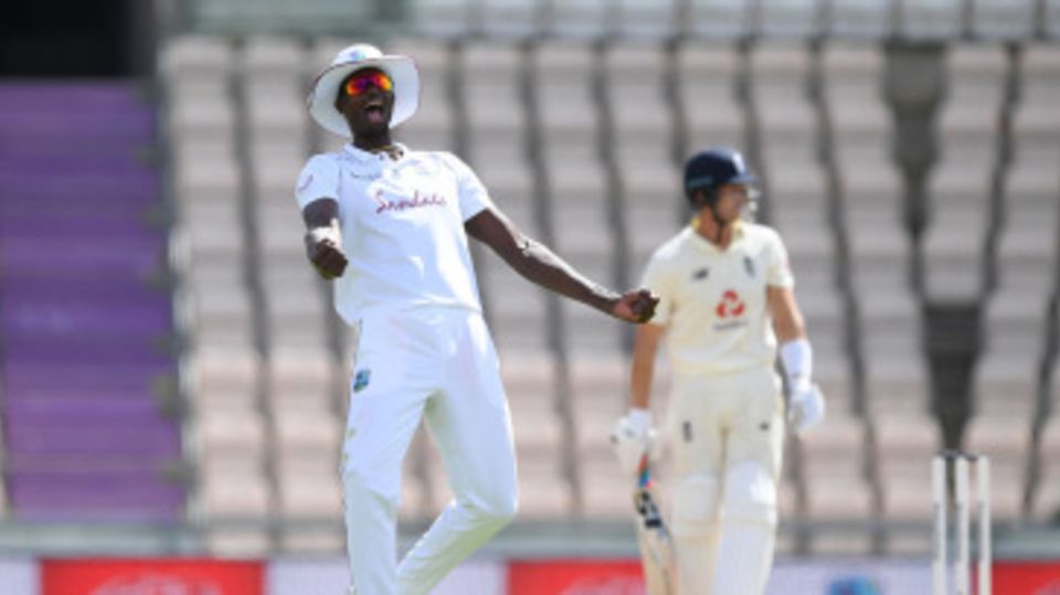 Jason Holder celebrates his catch to dismiss Joe Denly