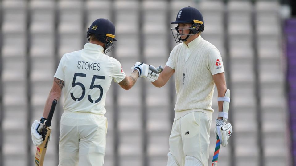 Ben Stokes congratulates Zak Crawley on his half-century