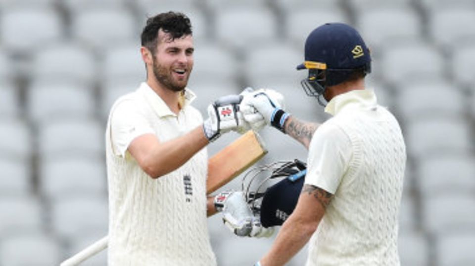 Dom Sibley is congratulated by Ben Stokes after reaching his hundred