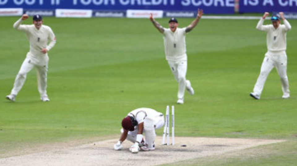 Shai Hope's lean trot continued as he was bowled by Stuart Broad