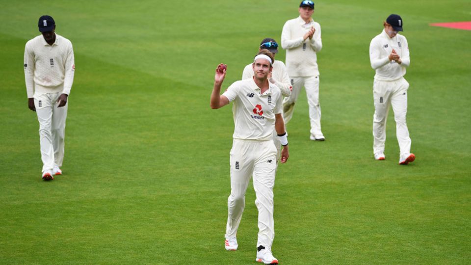 Stuart Broad holds the ball aloft after taking a six-wicket haul