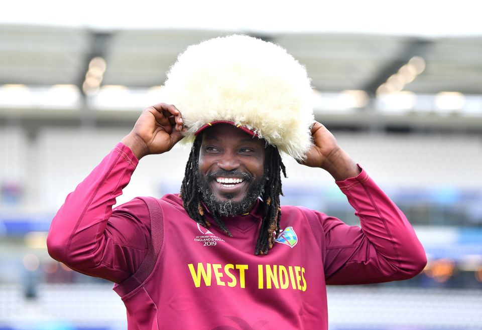 Chris Gayle caps West Indies' win over Afghanistan in the 2019 World Cup with a papakha borrowed from the opposition