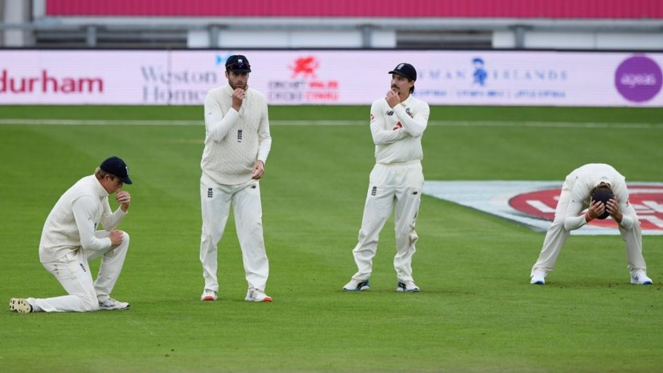 The slip cordon of Zak Crawley, Dom Sibley, Rory Burns and Joe Root can't quite believe that yet another chance has gone down