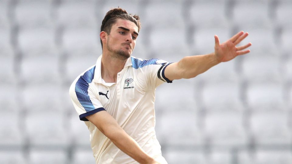 Yorkshire's Jordan Thompson in his delivery stride