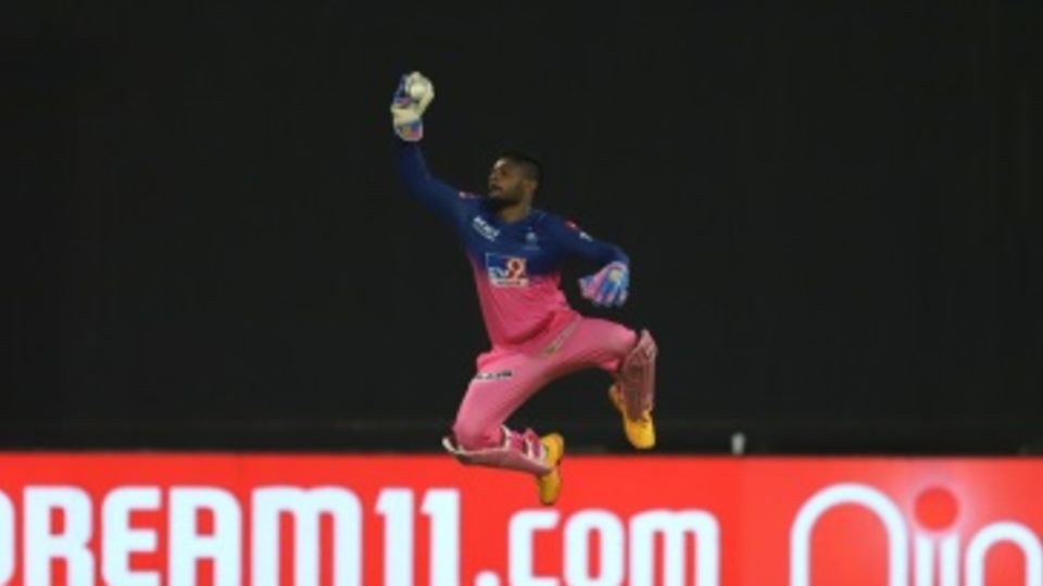 Sanju Samson goes airborne to take a catch