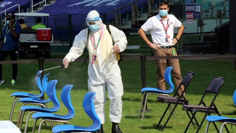 The Sheikh Zayed Stadium in Abu Dhabi being sanitised before a game during the IPL