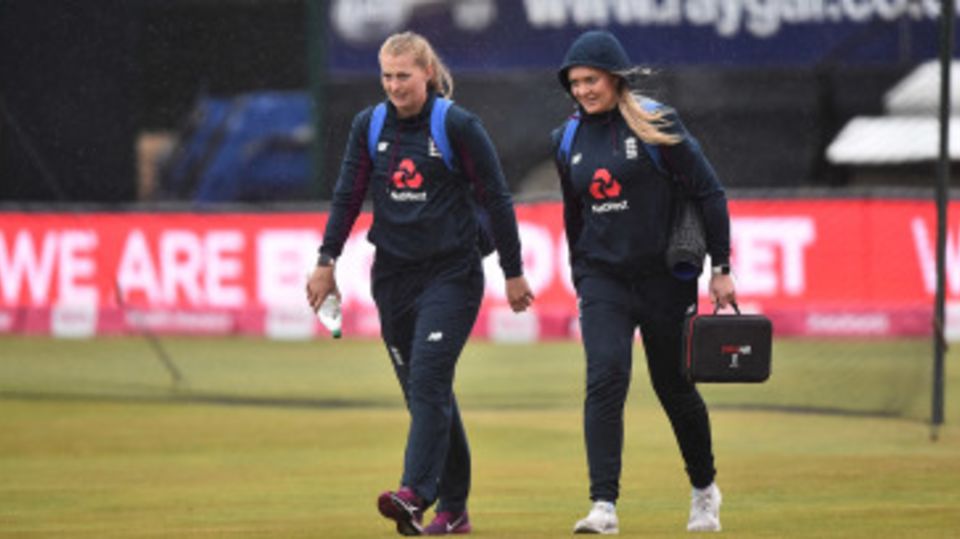 Sophie Ecclestone and Sarah Glenn arrive for the final T20I vs West Indies