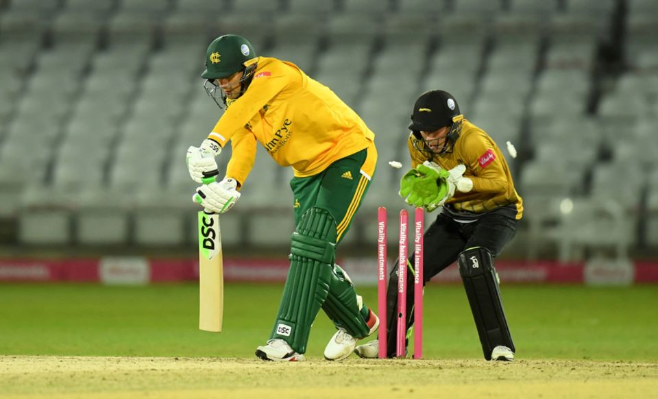Alex Hales was bowled by Callum Parkinson in Thursday night's quarter-final