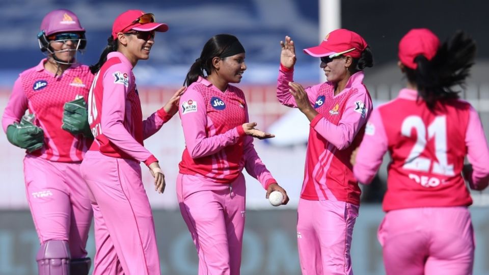 Rajeshwari Gayakwad is congratulated by her team-mates