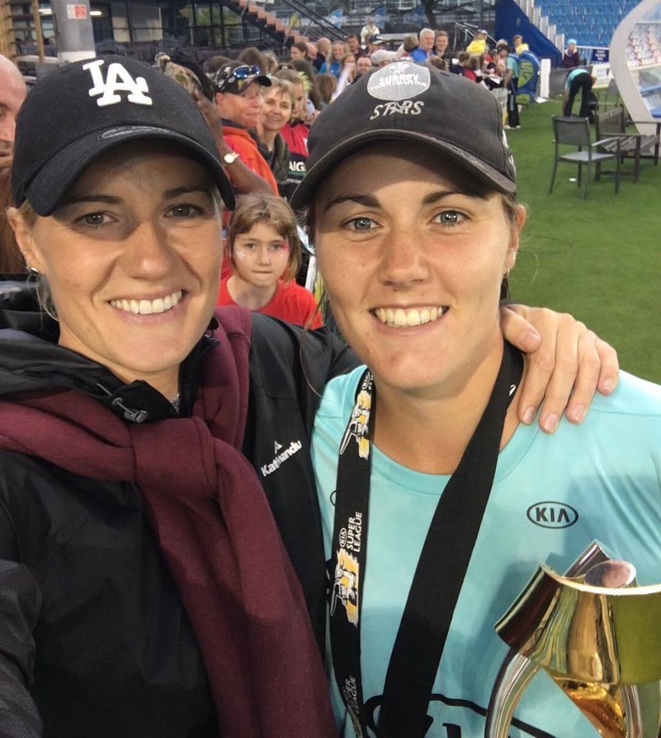 Katherine Brunt (left) celebrates Nat Sciver's victory with the Surrey Stars in the Women's Cricket Super League, 2018
