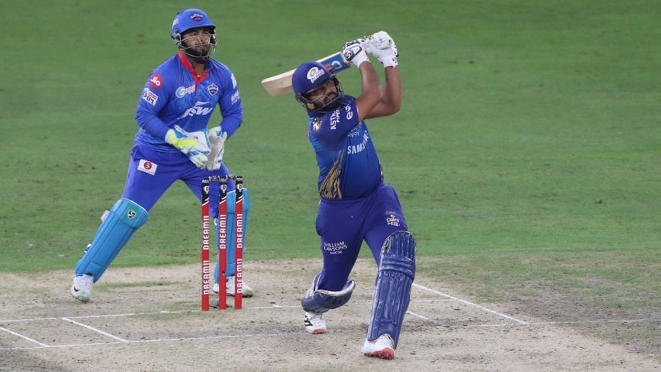 Rohit Sharma smashes one of his four sixes for the night