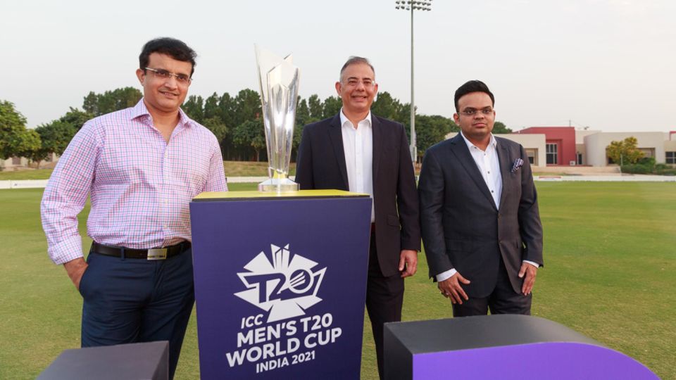 File photo: Sourav Ganguly (BCCI president), Manu Sawhney (ICC chief executive) and Jay Shah (BCCI secretary) pose with the T20 World Cup