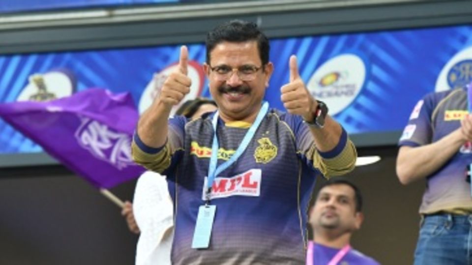 Venky Mysore cheers the Kolkata Knight Riders on during an IPL 2020 game