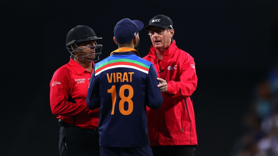 Virat Kohli speaks to the umpires after a DRS referral was not allowed