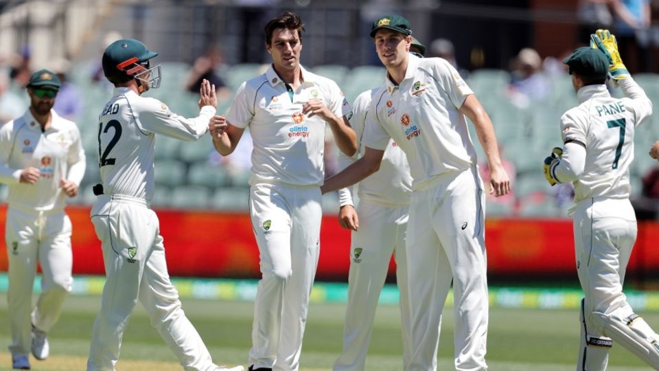 Pat Cummins celebrates after an early wicket on the second morning