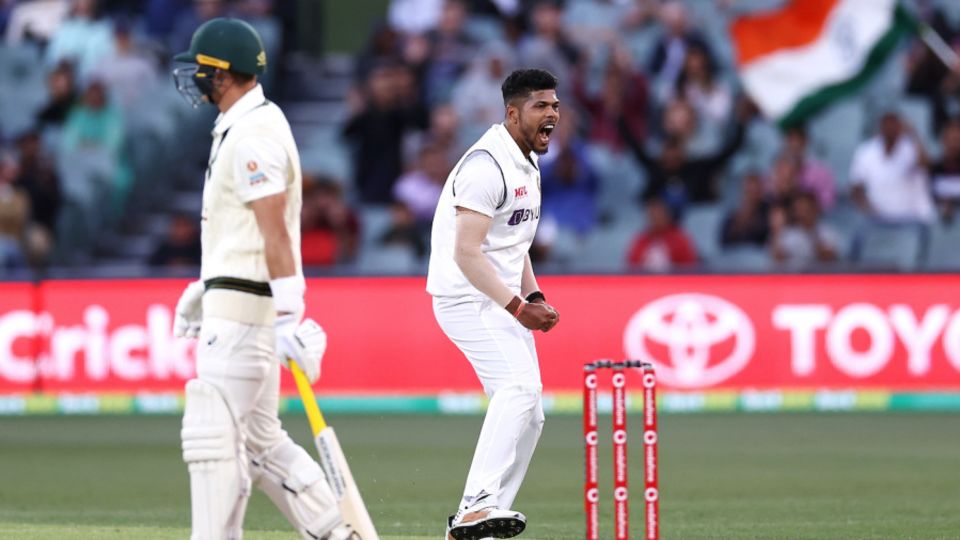 Umesh Yadav celebrates after trapping Marnus Labuschagne lbw