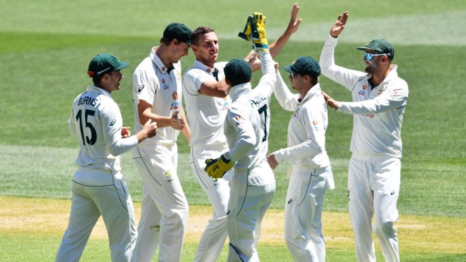 A jubilant Josh Hazlewood is congratulated by team-mates after his devastating strikes
