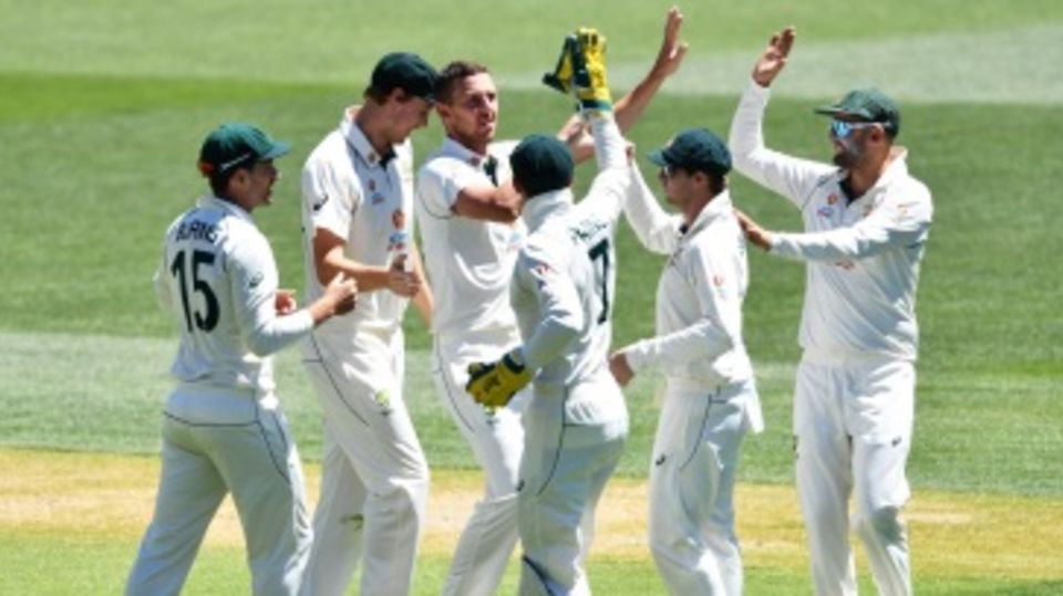 A jubilant Josh Hazlewood is congratulated by team-mates after his devastating strikes