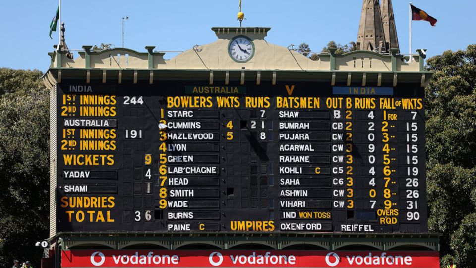 The famous Adelaide scoreboard records the details of India's collapse